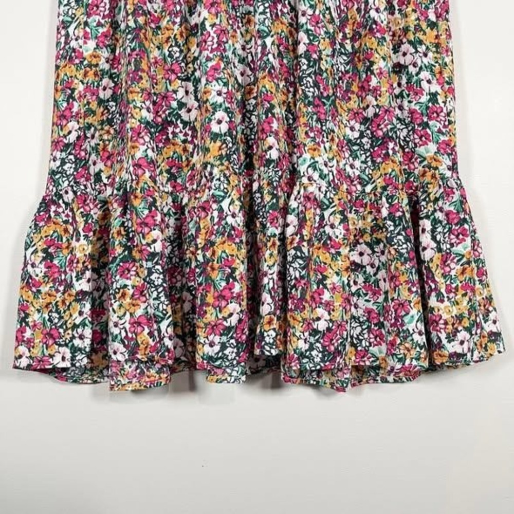 VOY Mini Dress Wms Small Pink Green Floral Strappy Ruffle Hem Boho Garden Flowy - Picture 3 of 6